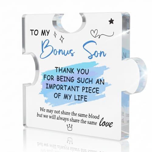 Bonus Son Gifts from Stepmom Stepdad Unique Bonus Son Fathers Day Gift Puzzle Piece Decor Inspirational Acrylic Sign Desk Shelf Decor Birthday Fathers Day Home Office Decoration
