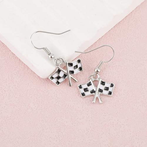 Checkered Flag Drop Earrings, Black and White Checkered Dangle Earrings for Women Race Plaid Charm Earring Racing Earrings Race Day Gifts Race Car Earrings Jewelry For Racers Racing Fans3