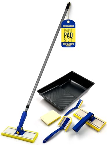 Paint Pad Set with Handle - Paint Pads for Walls and Ceilings - Includes Large Medium Small Triangle Flat Paint Pads Telescopic handle for Decorating - Interchangeable Heads