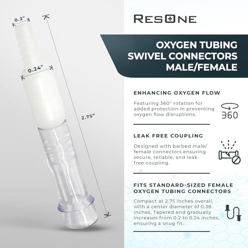 Image of ResOne Oxygen Tubing Swivel Connector, 5‑Pack - Male /Female 360 Rotating O2 Hose Coupler for Standard Oxygen Tubing, Leak‑Resistant Barbed Design