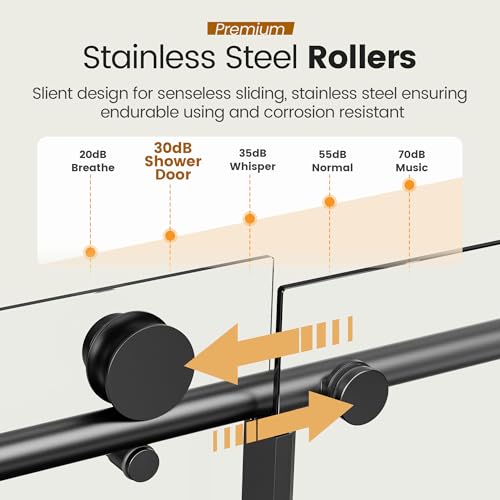 Image of 56-60 inch W x 76 inch H Frameless Sliding Shower Door, Stainless Steel Round Tube Bathroom Single Sliding Glass Doors with 1 /4''(6mm) SGCC Clear Tempered Glass, Reversible Installation, Matte Black