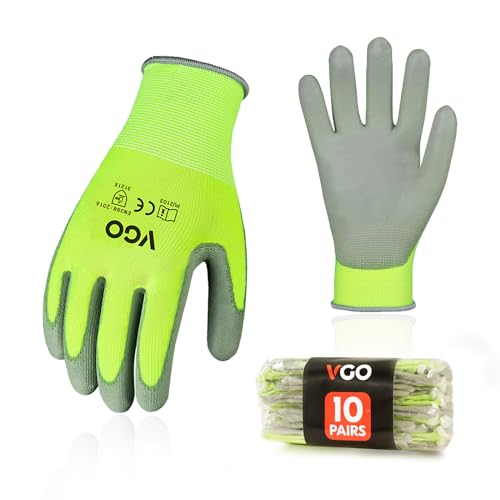 Image of Vgo... 10-Pairs Safety Work Gloves, Gardening Gloves, Polyurethane Coated, Dipping Gloves, Latex Free (Size S, Yellow, PU2103)
