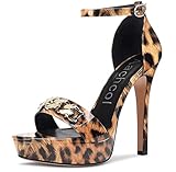 Aachcol Women Sandals Peep Open Toe Stiletto High Heel Ankle Strap Party 4.5 Inch, Brown Leopard, 9