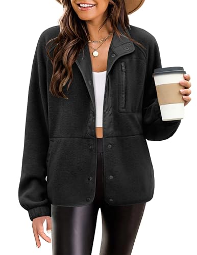 Image of Zeagoo Womens Fleece Jacket Fuzzy Stand Collar Black Coats Snap Button Down Jackets Outerwear with Pockets