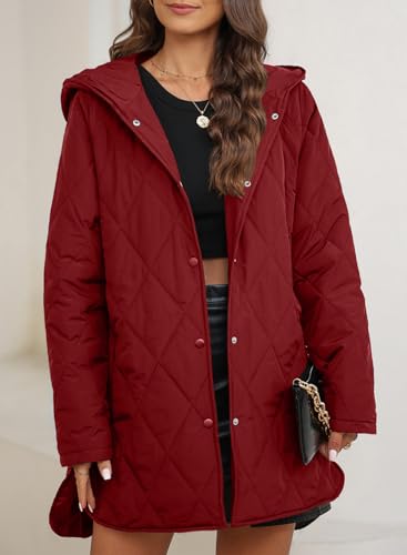 EVALESS Winter Outfits for Women Diamond Quilted Jackets Trendy 2025 Fall Long Sleeve Coat Hooded Button Down Puffer Jacket Solid Shacket Jacket Clothing for Women Dressy Casual, Red Medium2