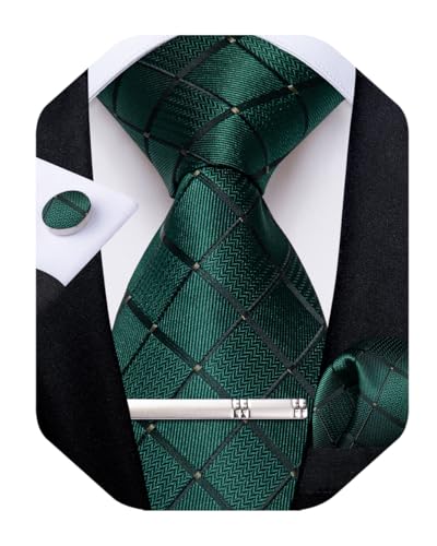 Image of DiBanGu Mens Silk Plaid Tie and Pocket Square Set | Elegant Silk Formal Tie Set, Woven Check Necktie and Cufflinks Tie Clip Set, Perfect for Wedding Party, Comes in Gift Box