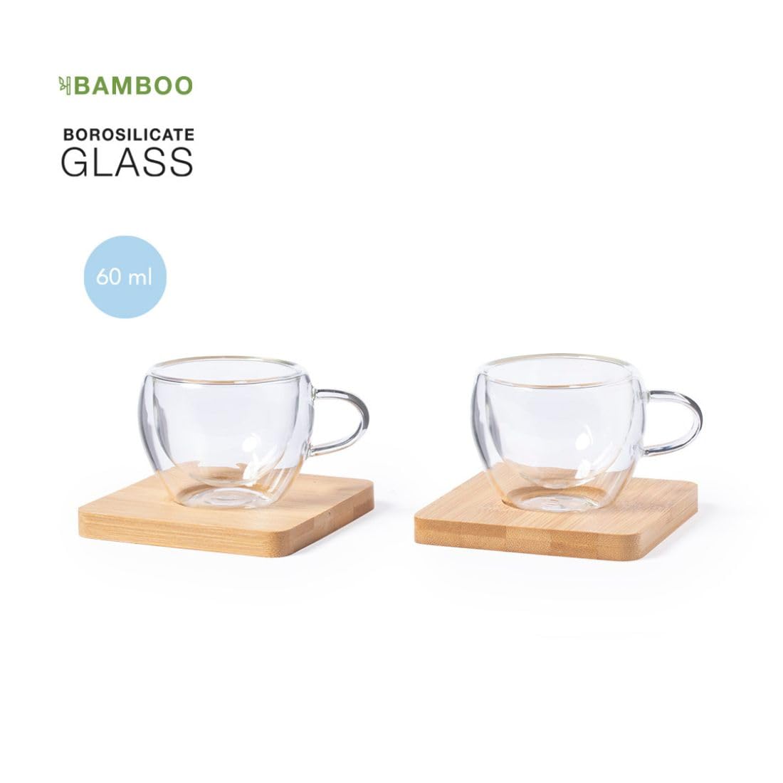 Lote 50 Tazas Cristal Doble Pared 60 ml con Posavasos de Bambú – Pack para Hostelería – Cafetería, Bar, Hotel, Restaurante – Tazas al Por Mayor