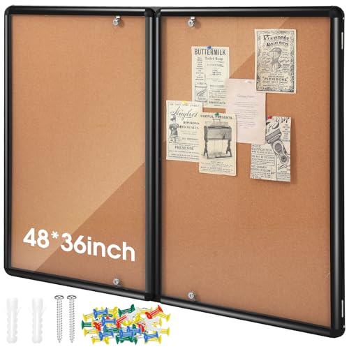 Motipuns 48x36 Lockable Enclosed Bulletin Board with Glass Door, Weather Resistant Cork Notice Board, Wall Mounted Display Case for School Office Community Outdoor, 12xA4(Brown, Black Frame)
