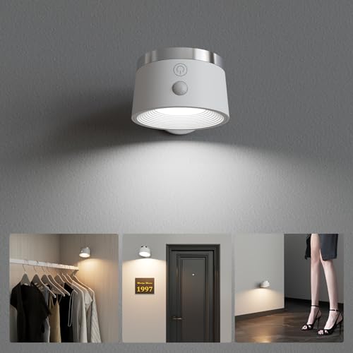 Image of Light Source Wall Sconces with Motion Sensor, Cordless LED Wall Night Lights 360Rotate & Rechargeable Battery Operated, 3 Color Temperatures & Dimmable Indoor Wall Light for Bedroom Bedside