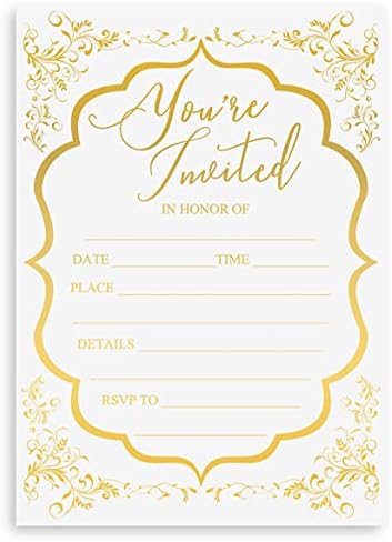 Fill In Invitations Wedding A7, Gold Foil 20 pack and 20 Thank You Tags. Hot Stamping Party Invitations Birthday, Anniversary Celebration, Bridal or Baby Shower Invites Cards For Events Special Occasions (Invitation Gold 1)