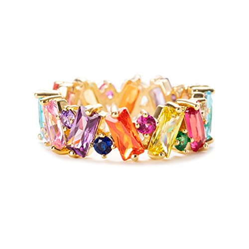 STORYJEWELLERY Colorful Rainbow Ring, Emerald Cut Eternity Band Rings for Women, 18K Gold Plated Cubic Zirconia Rings, Baguette Ring, Gifts for Women, Colorful Jewelry, Rainbow Gifts