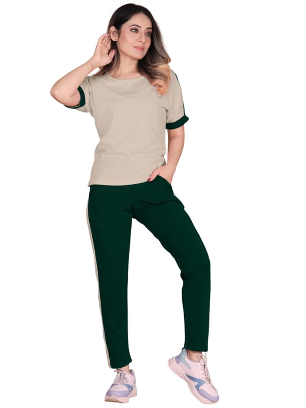 Image of DTR FASHION Polyester Blend Shoulder Stripes Tracksuit | Night Wear Suit For Women