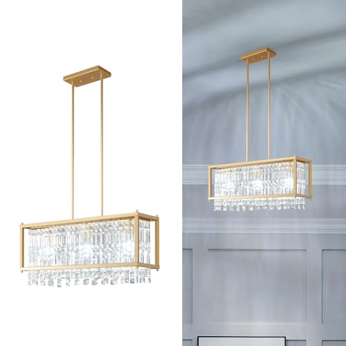 Image of LMQNINE Modern Rectangle Chandelier for Dining Room, Gold Crystal Chandelier Linear Light Fixture, Farmhouse Chandeliers for Kitchen Island, Bar Table, L25.98'' x W9.84'' x H8.66''