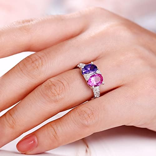 Jeulia Sterling Silver Purple Amethyst Women Ring Women's 2-Stone Engagement Ring Oval Fancy Pink diamond Promise Wedding Band Anniversary Crystal Halo Bridal Ring Set with Jewelry Gift Box