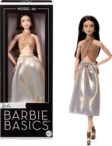 Barbie Basics Model Collector Fashion Doll 06 with Brunette Hair Shimmery Golden Skirt & Halter Universal-fit Fashions Posable Body