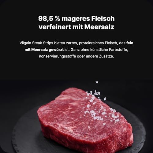 Vilgain Getrocknete Steakstreifen BIO – 25 g, 98,5% hochwertiges Rindfleisch, proteinreich, salziger Snack, ohne Zusatzstoffe, aus zertifizierten Bio-Betrieben, ideal für unterwegs