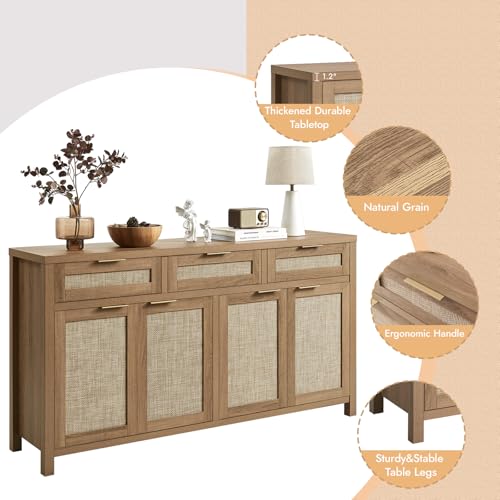 HOKYHOKY Rattan Sideboard Buffet Cabinet, Boho Storage Cabinet with Adjustable Shelves, Farmhouse Credenza Coffee Bar Cabinets with 4 Doors & 3 Drawers for Living Room, Hallway & Kitchen - Thumbnail 5