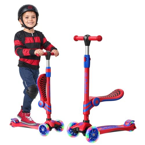 Red and Blue 3 Wheel Scooter with Seat for Kids, Light-Up Wheels, Adjustable Lean to Steer Handlebar and Seat, Smooth Wheels, Wide No-Slip Deck, Rear Foot Brake, Toddler Outdoor Toys for Ages 2+