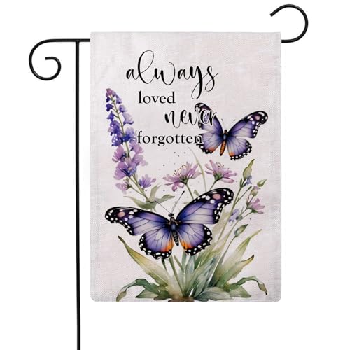 Butterfly Flowers Garden Flag 12.5 x 18 Inch Always Loved Never Forgotten Memorial Garden Flag Double Sided Spring Summer Yard Flags for Outdoor Seasonal Porch Lawn Decor (Purple/Green)