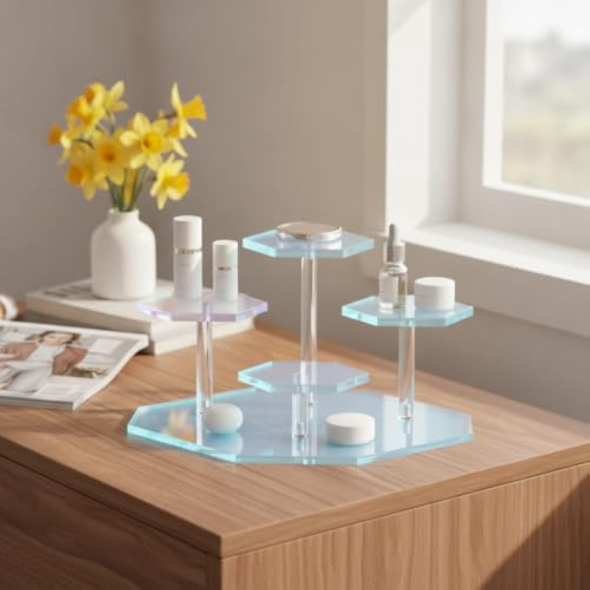 Clear Display Stand with Hexagonal Platforms, Tiered Acrylic