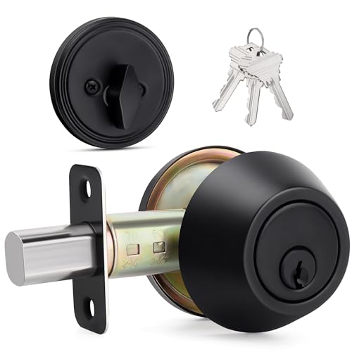 LOQRON Round Design Single Cylinder Deadbolt with Keys, Exterior Keyed Dead Bolt Lock for Front Entrance Door Security, Matte Black