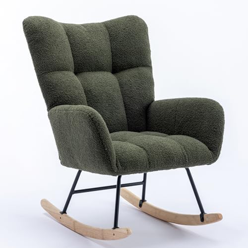 SPOFLYINN Rocking Chair for Nursery Wingback Glider Rocker with Safe Solid Wood Base Soft Teddy Fabric Rocking Chair for Living Room Bedroom Dark Green