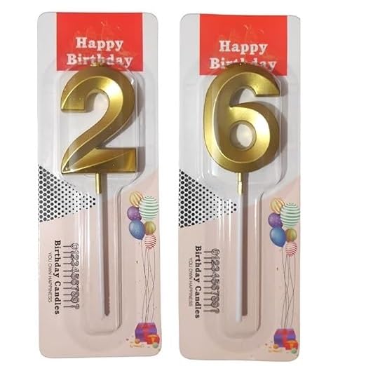 Image of ToyUniverse Number 26 Metallic Gold Candle for Twenty Sixth Birthday, Anniversary, Surprise Party Cake Decoration (Pack of 2)
