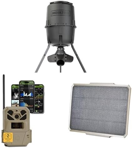 Moultrie Gravity Deer Feeder with 3.4W Solar Panel Power Pack and Moultrie Edge 2 Pro Cellular Trail Camera Bundle