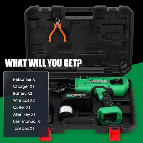 NEWTRY 20V Akku-Bewehrungsbindegerät Draht Driller Umreifungsmaschine für Betonstahl für 0,3’’ ~ 1.33’’ (7~34mm) Stabstahl, mit 2 Stk 2,0 Ah Akku und Ladegerät (Grün)