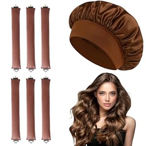 7 Pcs Jumbo Flexi Rods for Big Curls, Non Heat Hair Curlers for Overnight Curls, Blow Out Rods with Sleep Cap, Six brown non-heat curling rods and one coffee-colored sleeping cap