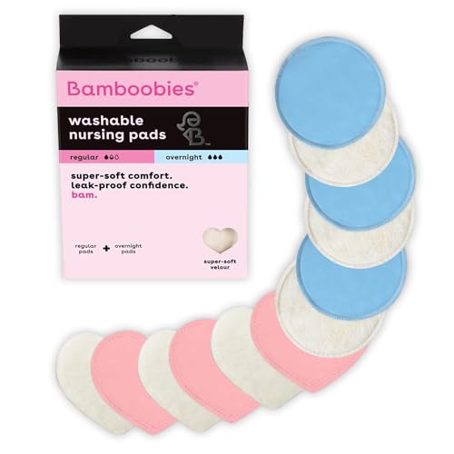 Image of Bamboobies Nursing Pads, Ultra-Soft Velour, Reusable, Washable & Leak-Proof, 6 Ultra-Thin and 6 Overnight Pads for Breastfeeding