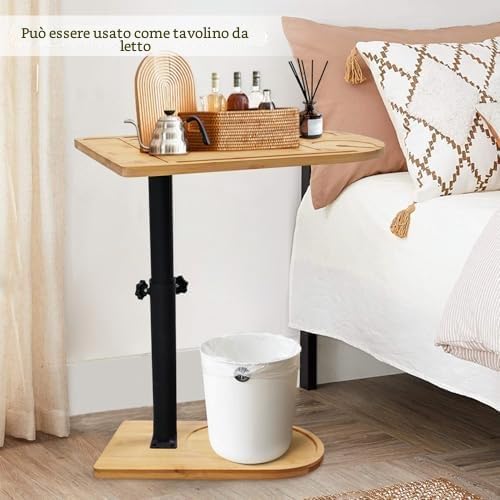 Tavolino Laterale Forma C Bambù Metallo Moderno Altezza Regolabile, Side Table, Tavolino Letto, Tavolino Divano, Tavolino Comodino, Tavolino Cura, per Soggiorno Camera da Letto Bagno