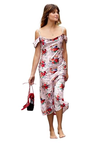 Hope & Ivy Vestido Midi de satén Valetta con Tirantes y Mangas Plisadas ocasión Especial, Rosa, 46...