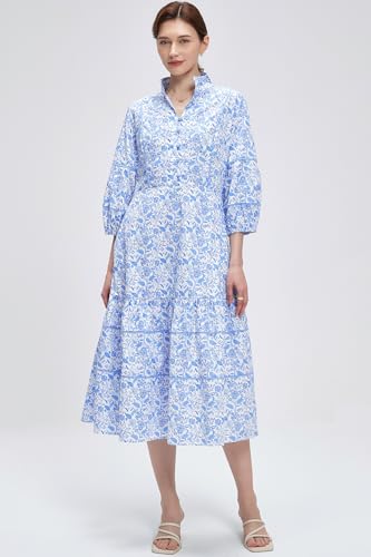 D-Sun Women Floral Maxi Dress Elegant Printed Button Down 3/4 Puff Sleeve Tiered A-Line Flowy Party Long Dress with Pocket3