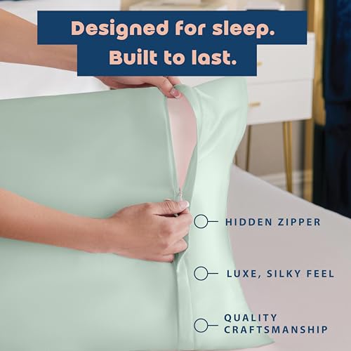 Image of BLISSFORD Satin Pillowcase with Zipper, for Hair and Skin Care, Feels Soft and Cool Like a Silk Pillowcase, Satin Pillow Cases 2 Pack, Slik Pillow Cover, Mint - Queen Size, Set of 2