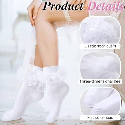 Image of Geyoga 3 Pairs Women Big Ruffle Socks Turn Cuff, Double Lace Ankle Cotton Frilly Socks for Ladies Summer
