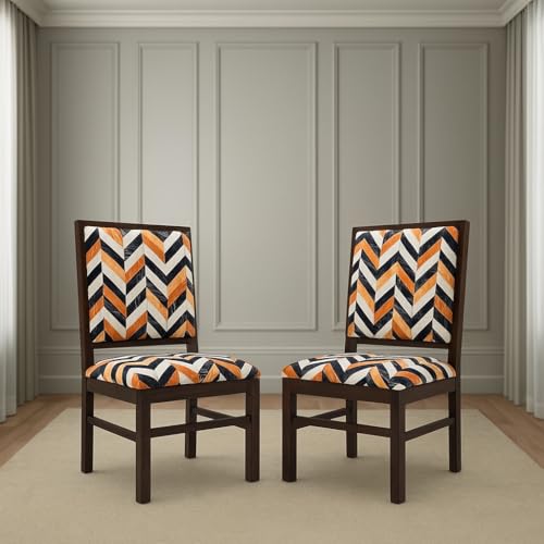 Image of KENDALWOOD Furniture | Solid Sheesham Wood Dining, Study Chair | Multipurpose Chair Set of 2 | Color:- Walnut Finish with Multicolor Printed Cushions | 1 Year Warranty |