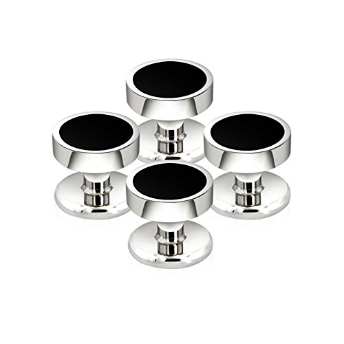 Image of Men's Black Onyx Cufflink & Tuxedo Shirt Stud Set, 16mm Rhodium-Plated Brass, Elegant Gift Box