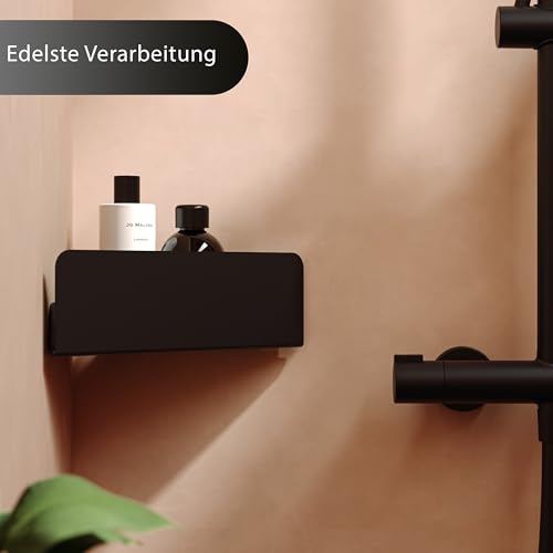 Dolvhin Duschablage ohne Bohren Ecke | Edelstahl Eckregal Dusche | Duschregal Ecke mit Ablaufrillen | Eck-Duschkorb zum Kleben | Badregal Selbstklebend | Bad Wandregal & 2 Haken | Schwarz Matt