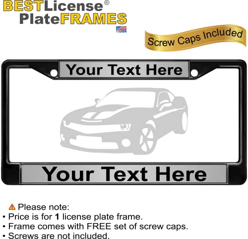Custom Personalized Black Powder-Coated Metal Laser Engraved Standard Size (6”X12”) - Car/Automobile License Plate Frame With Free Caps - Silver/Black Text (Qty: 1 Frame) #TOP1