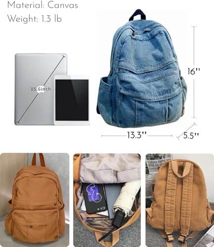 Image of Light Wash Denim Jean Backpack for Women & Men Retro Aesthetic Rucksack Basic Backpack for High School /College Students Travel Laptop Bag