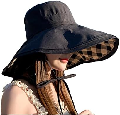 RUINUO Womens Plaid Bucket Hats Wide Brim Sun Hat Double Sided Windproof Summer Beach Hats for Fishing Hiking Travel Golf Black
