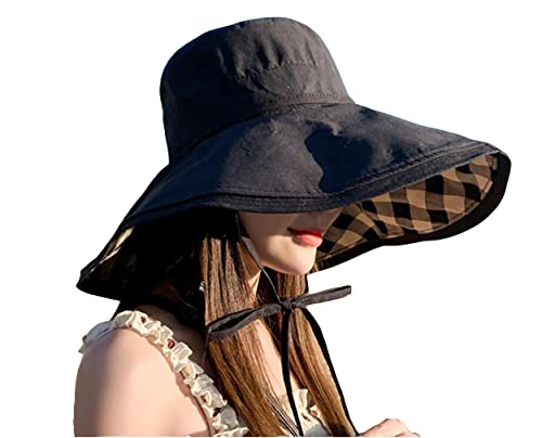 Ruinuo Womens Plaid Bucket Hats Wide Brim Sun Hat Double Sided Windproof Summer Beach Hats For Fishing Hiking Travel Golf Black #TOP3