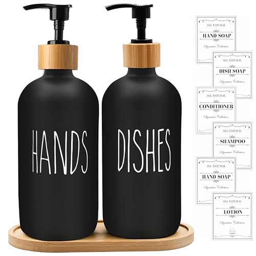 Image of Sunrise Premium 16 OZ Thick Black Glass Soap Dispenser, Bamboo Pump with Tray 2 Pack, Hand and Dish Soap Dispenser Set for Bathroom with 6 Waterproof Labels