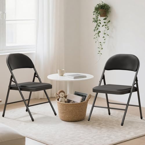 Image of 2 Pack Black Folding Chairs with Padded Cushion and Metal Frame