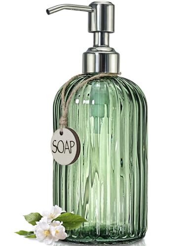 JASAI 18Oz Green Soap Dispenser with Rust Proof Pump Refillable Bathroom Soap Dispenser with Thick Glass Kitchen soap Dispenser for Dish soap Hand Soap Lotion Body Wash.