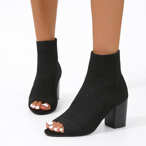 Peep Toe Booties for Women Knit Open Toe Chunky Block Heels Breathable Sock Boots Fashion Heeled Sandals US5-113