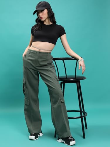 Image of Tokyo Talkies Pure Cotton Straight Wide Leg Cargo Pants |Relaxed Fit Utility Trousers