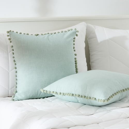 Image of 100% Cotton Pom Pom Cushion Without Filler, Elegant & Modern Cushion Cover for Living Room, Square Shape, 20 inchx20 inch, uni Chambray, Set of 3 - Celadon Green
