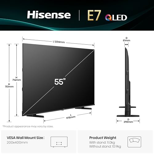 تلفزيون هايسنس الذكي QLED مقاس 55 بوصة E7Q - ألوان كوانتوم دوت، صورة بتقنية الذكاء الاصطناعي، دولبي فيجن، دولبي اتموس، تحكم صوتي، وضع صانع الأفلام، يوتيوب، نتفليكس، ديزني+ 55E7Q (إصدار 2025 السعودية)